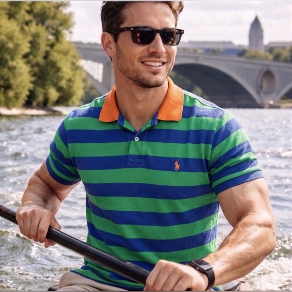 Polo by Ralph Lauren Green & Blue Striped Polo with Orange Collar